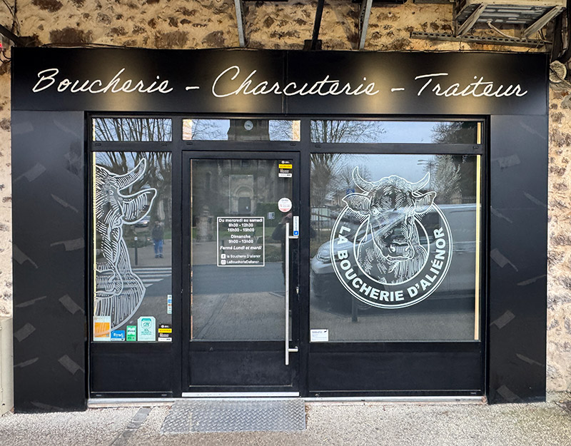 Vitrophanie - Vitrine Boucherie d'Aliénor à Belin-Béliet (33)